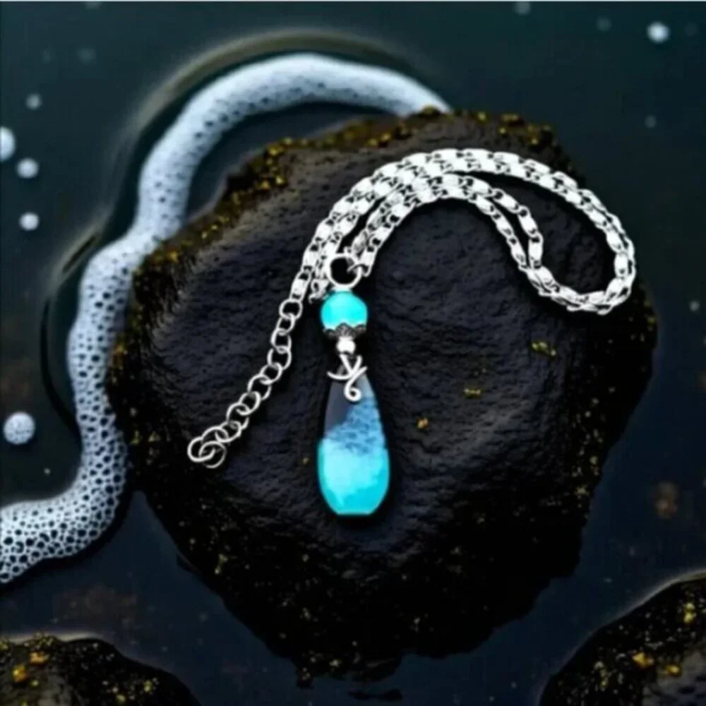 Seafoam Aqua + Black Agate Teardrop Pendant • Boho Beachy Ocean Chic